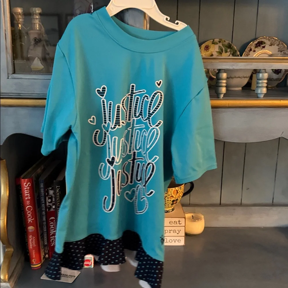 Justice swim shirt Teal Graphic Tee with Navy Polka Dot Hem